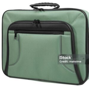 laptop bag in green color, front view, isolated on white background
