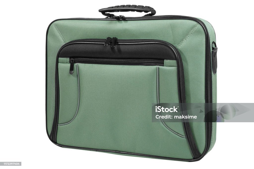 laptop bag in green color, front view, isolated on white background laptop bag in green color, front view, isolated on white background